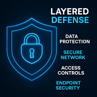 Layered defense: data protection, secure network, access controls, endpoint security