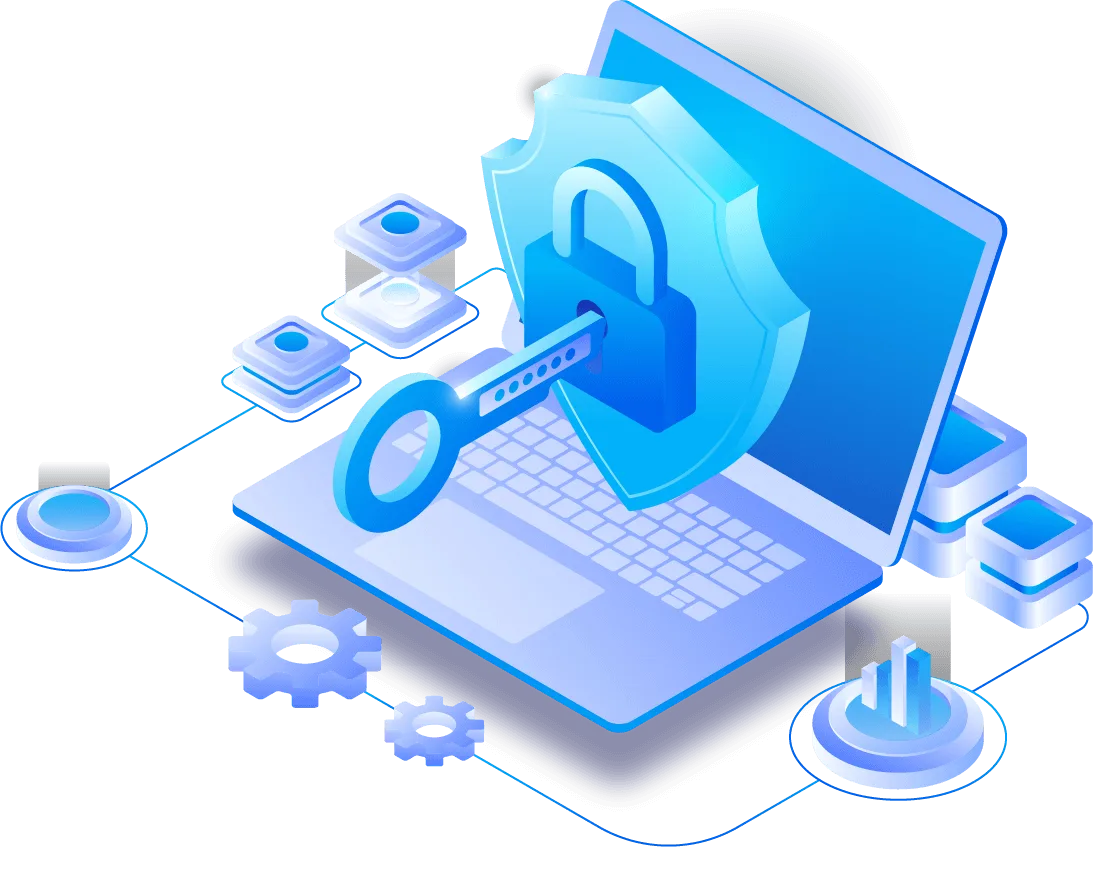 Laptop secured by a shield, padlock and key